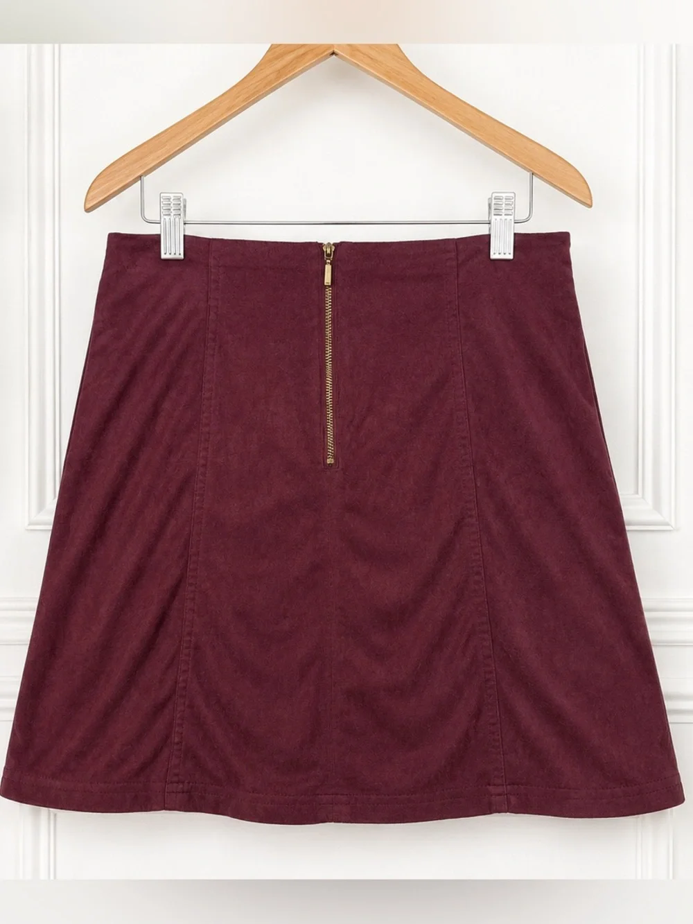 ALYA Burgundy Faux Suede A-Line Fall Mini Skirt Gold Back Zip Size Medium